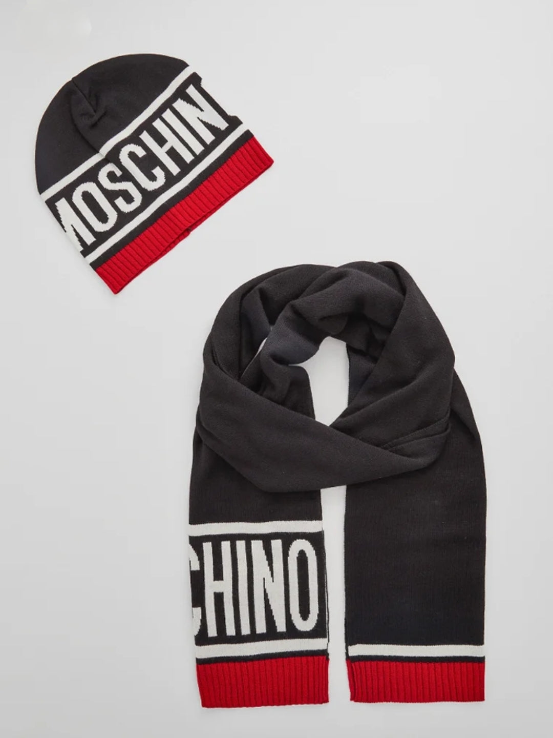 Set Cappello e Sciarpa Moschino Uomo Donna Logo Grande - Invernale, Nero/Rosso o Grigio/Bordeaux
