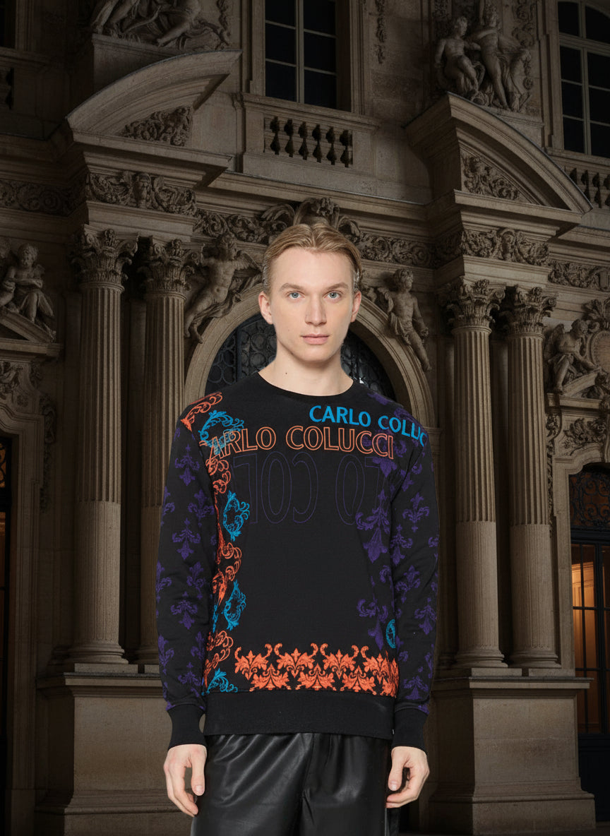 Felpa Uomo Carlo Colucci Nera Multicolor con Logo – Stile Iconico e Motivi Barocchi
