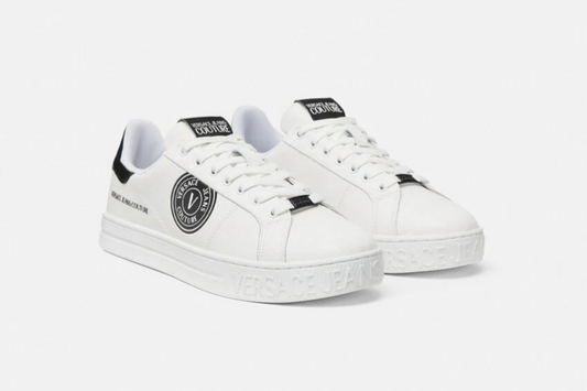 Sneakers Versace Jeans Couture bianche da uomo – Logo laterale nero + Pulitore scarpe con spugnetta Collonil Boom Schuhputzset in omaggio