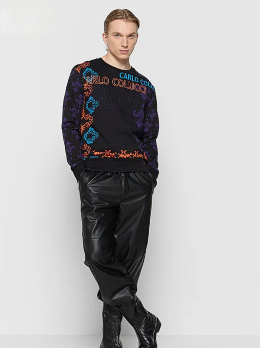 Felpa Uomo Carlo Colucci Nera Multicolor con Logo – Stile Iconico e Motivi Barocchi