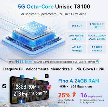 Smartphone BlackView 5G 6.88'' FHD+ 120Hz, 8+16GB RAM+128GB ROM, Android 15, Dual SIM, 5000mAh - CloudStore089