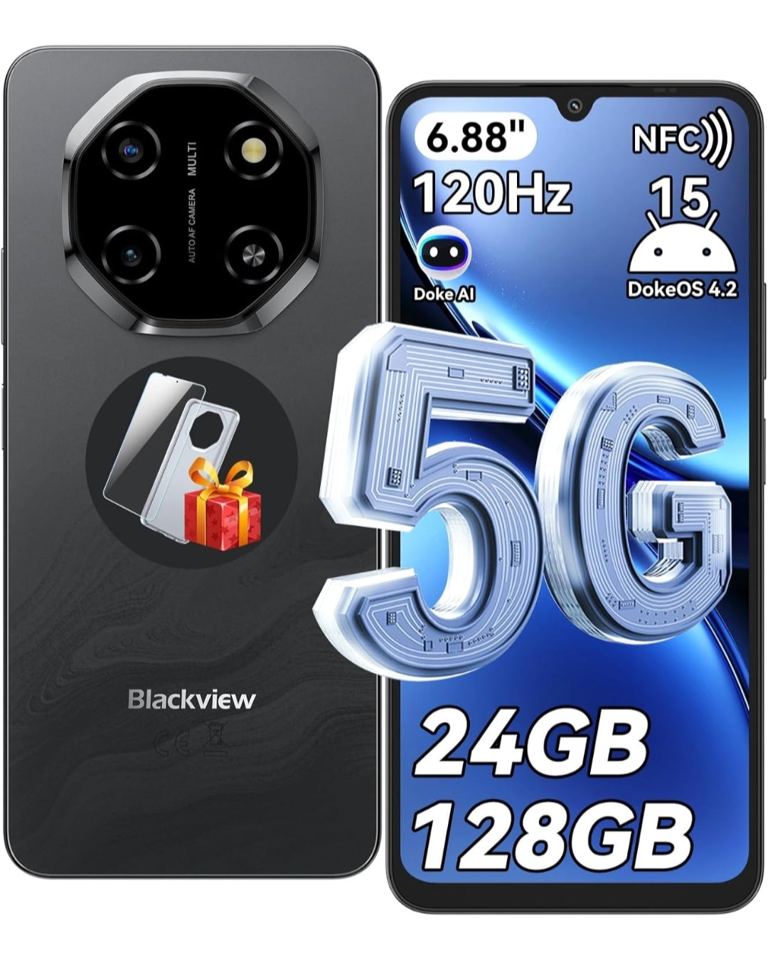 Smartphone BlackView 5G 6.88'' FHD+ 120Hz, 8+16GB RAM+128GB ROM, Android 15, Dual SIM, 5000mAh - CloudStore089