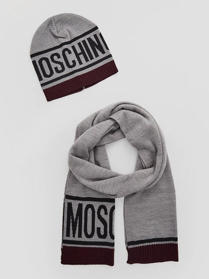 Set Cappello e Sciarpa Moschino Uomo Donna Logo Grande - Invernale, Nero/Rosso o Grigio/Bordeaux