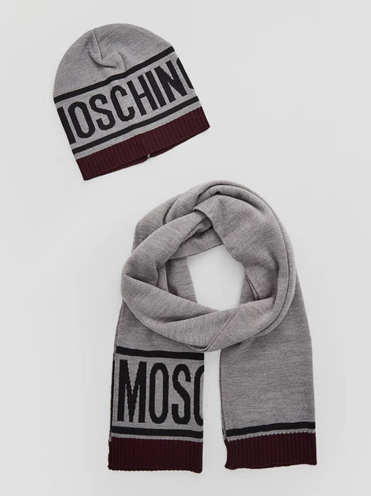Set Cappello e Sciarpa Moschino Uomo Donna Logo Grande - Invernale, Nero/Rosso o Grigio/Bordeaux