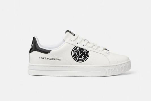 Sneakers Versace Jeans Couture bianche da uomo – Logo laterale nero + Pulitore scarpe con spugnetta Collonil Boom Schuhputzset in omaggio