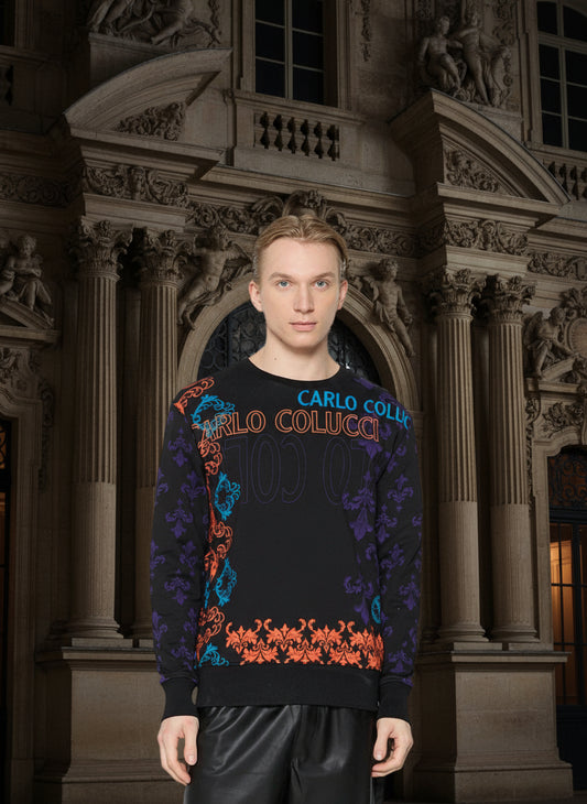 Felpa Uomo Carlo Colucci Nera Multicolor con Logo – Stile Iconico e Motivi Barocchi